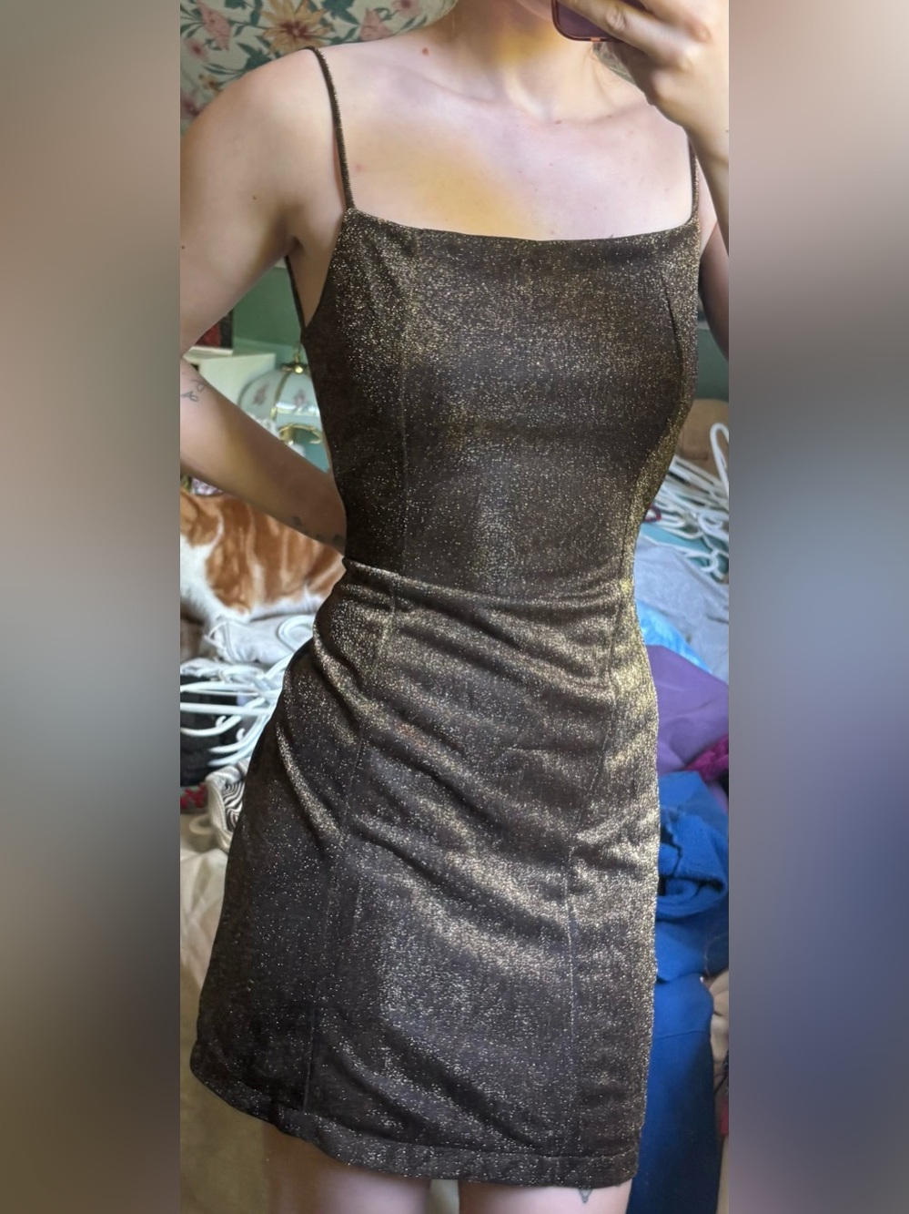 Metallic Gold Backless Slip Dress with Slim Straps
